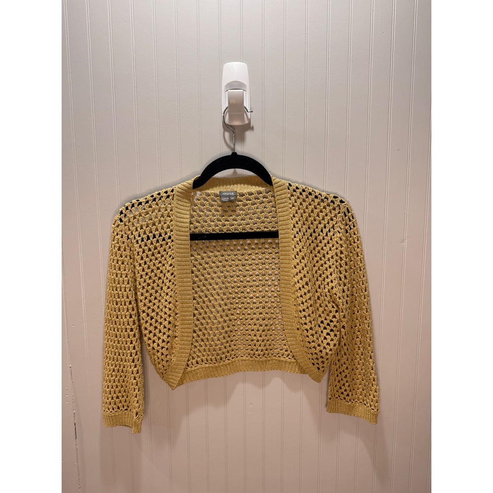 Muse Gold Metallic Open Knit Shrug Sweater Cropped Bolero Sparkle Womens XS